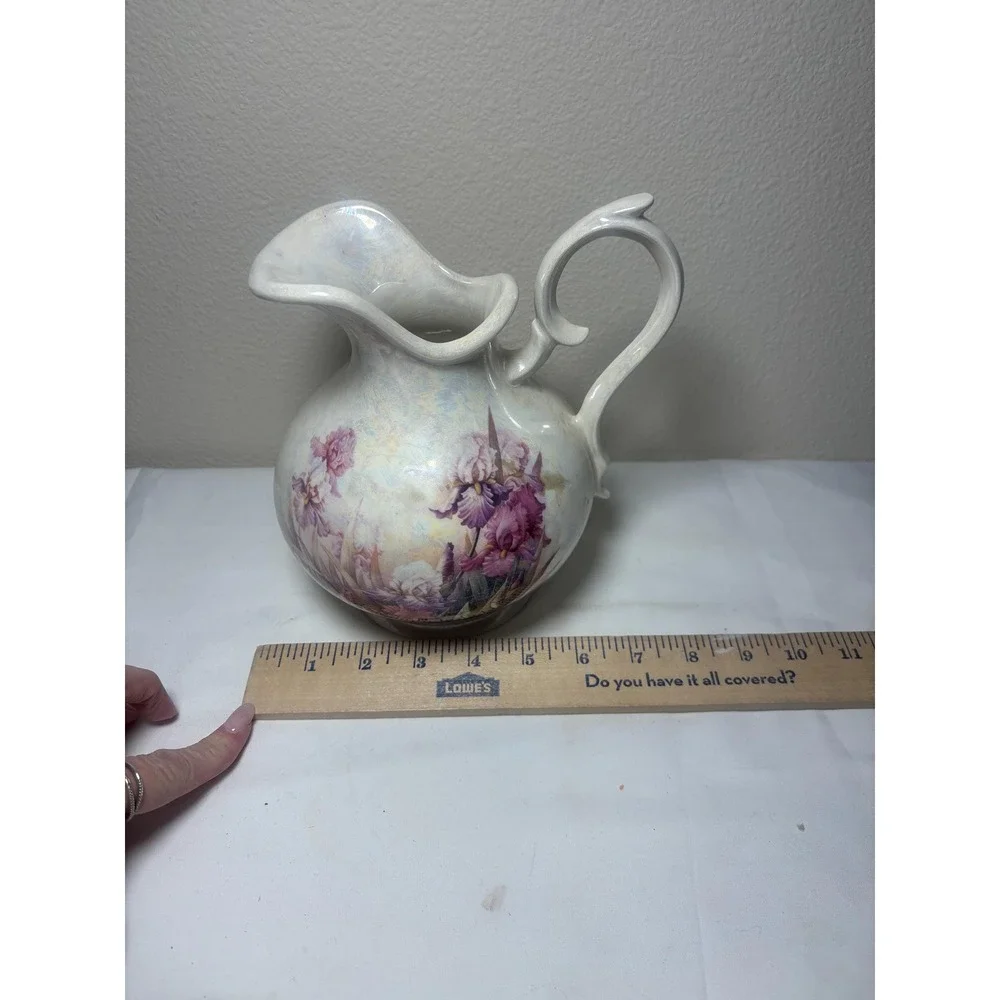 Vintage Arnels Ceramic Pitcher, Iris Floral Painting, Signed Collectible